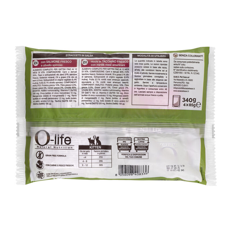 O-life Kitten Straccetti in salsa con Salmone e Tacchino 85grx4pz