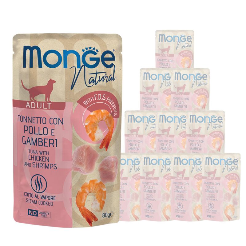 Monge Natural Cat Adult Pezzetti di Tonnetto con Pollo e Gamberi 80 gr
