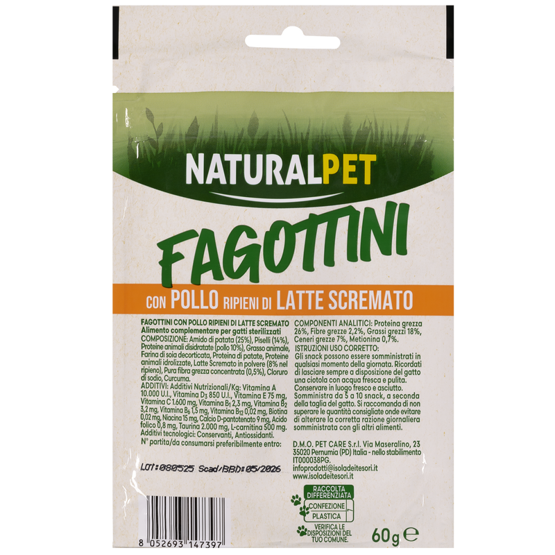 Naturalpet Cat Sterilised Snack Fagottini con Pollo ripieni di latte scremato 60gr