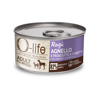 O-life Dog Adult All breeds Rag&ugrave; Agnello e prosciutto a cubetti 150gr