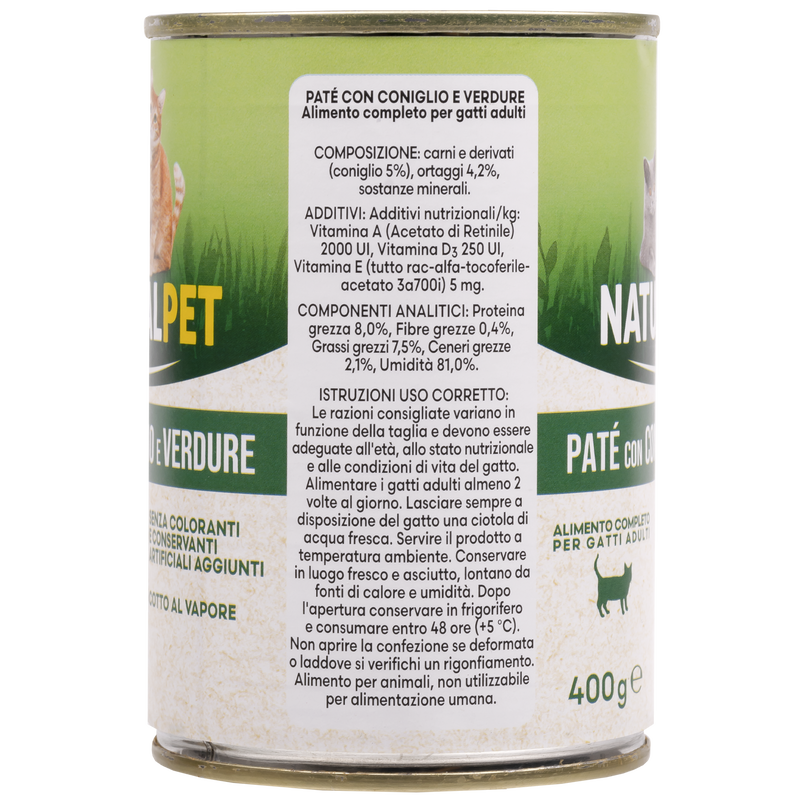 Naturalpet Cat Adult Pat&eacute; Coniglio e Verdure 400 gr