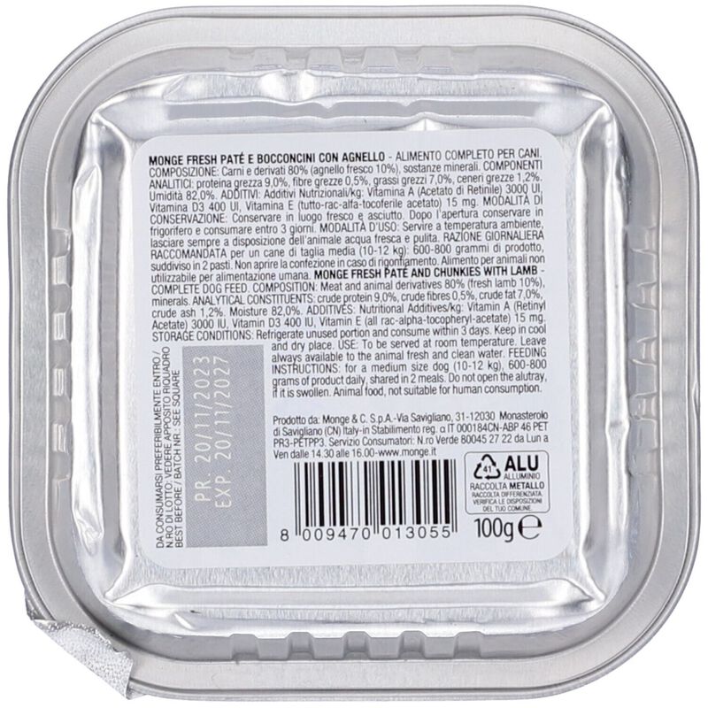 Monge Fresh per cani adulti Pat&eacute; con Bocconcini di Agnello 100 gr