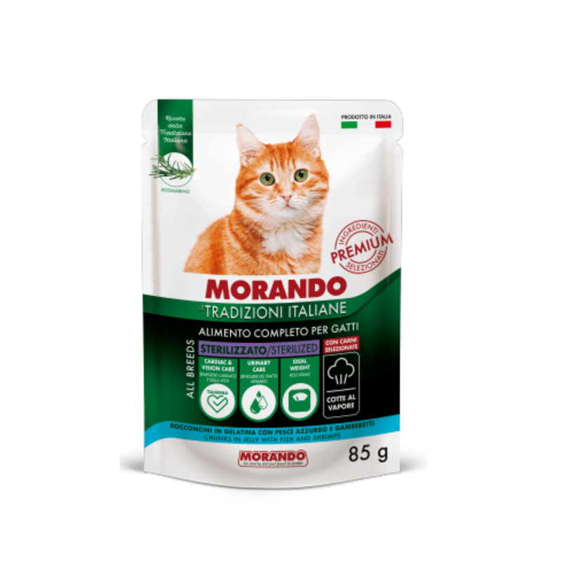 Morando Tradizioni Italiane Cat Adult Steril bocconcini in salsa con pesce azzurro e gamberetti 85gr