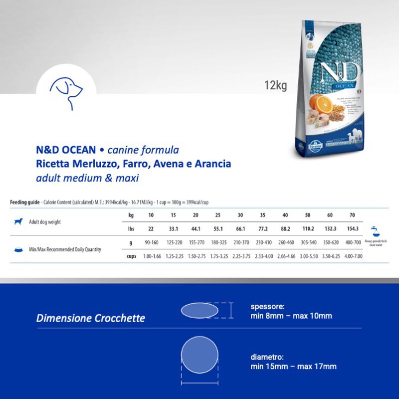 N&D Farmina Ocean Dog Adult Medium & Maxi Merluzzo, Farro, Avena & Arancia 12 kg