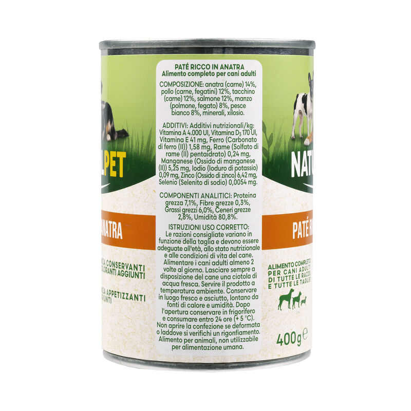 Naturalpet Dog Adult Pat&egrave; ricco in Anatra 400 gr