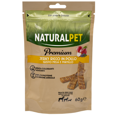 Naturalpet Premium Dog Snack Jerky ricco in Pollo mela e mirtillo 60gr