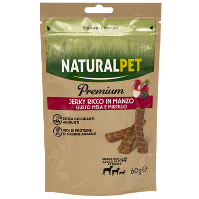 Naturalpet Premium Dog Snack Jerky ricco in Manzo mela e mirtillo 60gr