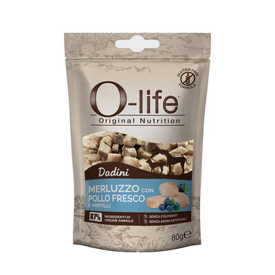 O-life Dog Dadini Snack Merluzzo fresco con pollo fresco e mirtilli 80gr