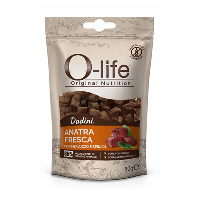 O-life Dog Dadini Snack Anatra fresca con merluzzo e spinaci 80gr
