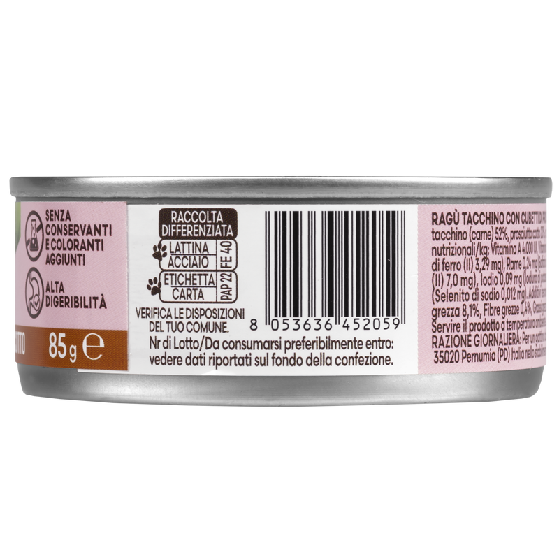 Naturalpet Prime Orme Kitten rag&ugrave; Tacchino con cubetti di prosciutto cotto 85gr