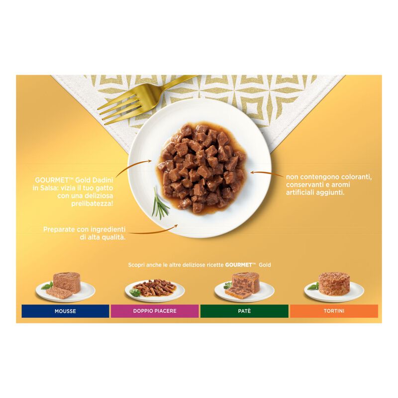 Gourmet Gold Cat Adult Dadini in Salsa con Manzo, Salmone e Pollo, Tacchino e Anatra, Pollo e Fegato 12x85 gr
