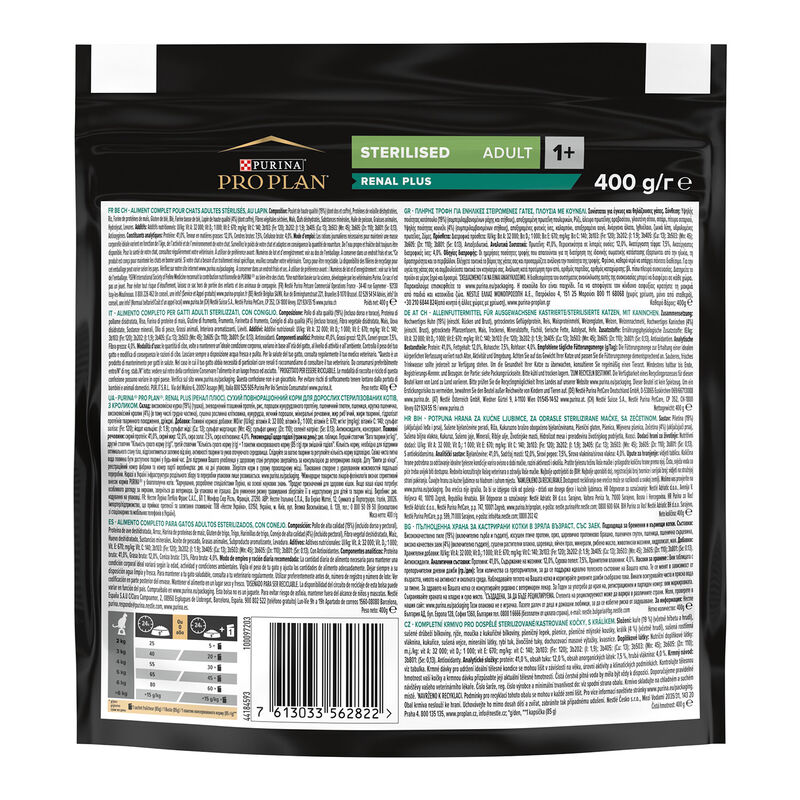 Purina Pro Plan Renal Plus Cat Adult 1+ Sterilised con Coniglio 400 gr