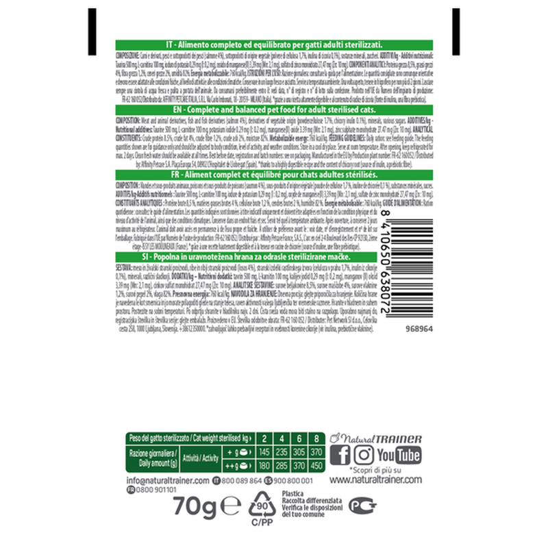 Natural Trainer Straccetti con Salmone Benessere Digestivo per Gatti Steril 70gr