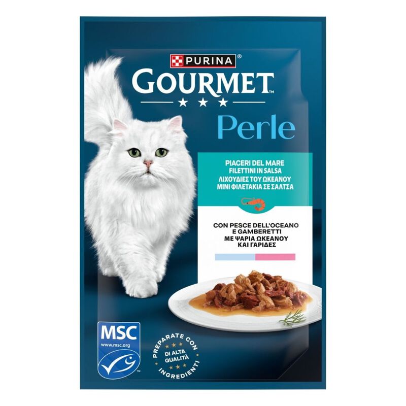 Gourmet Perle Cat Adult con Pesce dell'Oceano e Gamberetti 85 gr