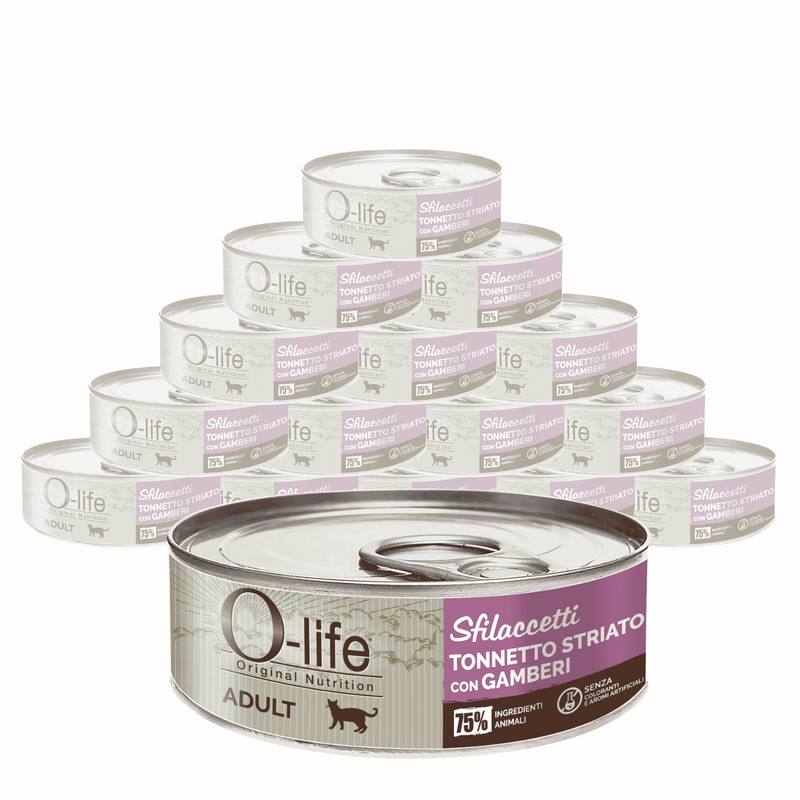 O-life Cat Adult sfilaccetti tonnetto striato con gamberetti 70gr