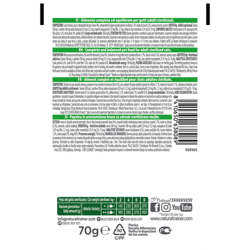 Natural Trainer Benessere digestivo Straccetti con Tonno per Gatti Sterilizzati 70gr