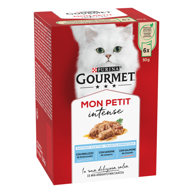Gourmet Mon Petit Cat Adult con Merluzzo, Sardine, Salmone 6 x 50 gr