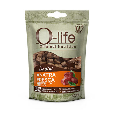 O-life Cat Adult Snack Dadini Anatra fresca con merluzzo e spinaci 50gr