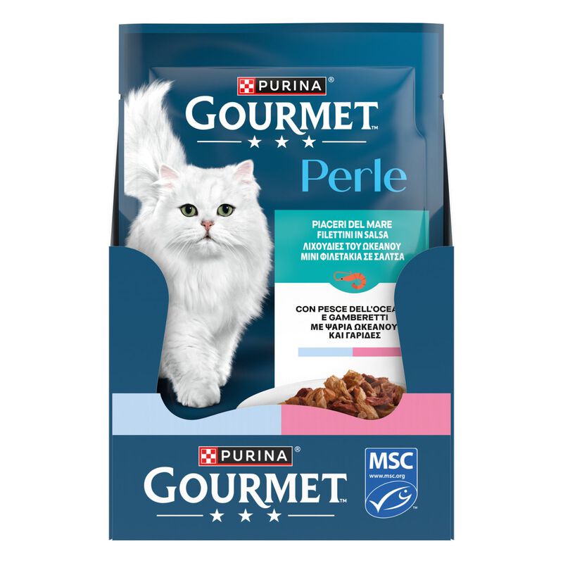 Gourmet Perle Cat Adult con Pesce dell'Oceano e Gamberetti 85 gr