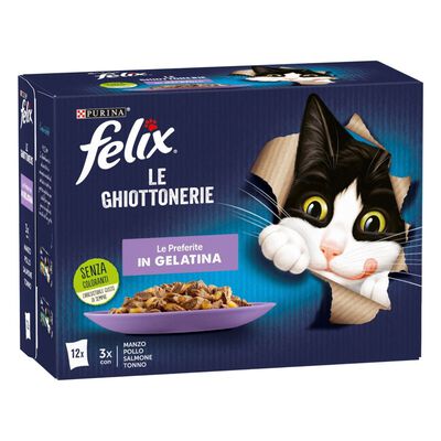 Felix Le Ghiottonerie Cat Le Preferite con Manzo, Pollo, Salmone e Tonno 12 x 85 gr