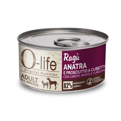 O-life Dog Adult All breeds Rag&ugrave; Anatra e prosciutto a cubetti 150gr