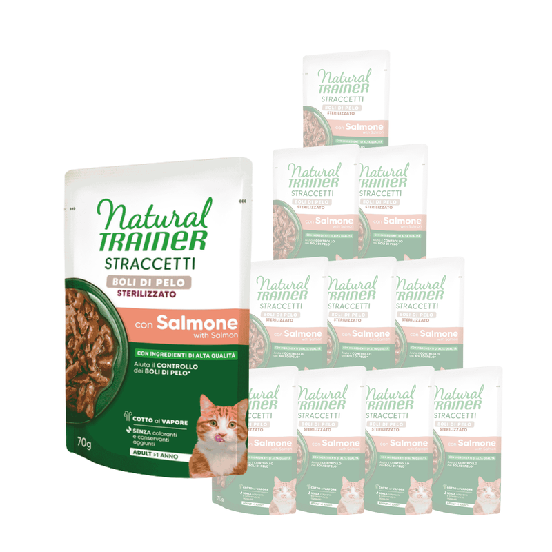 Natural Trainer Boli di Pelo Straccetti con Salmone per Gatti Sterilizzati 70gr