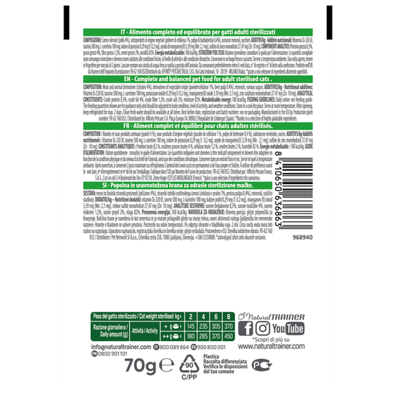 Natural Trainer Appetito difficile Straccetti con Pollo per Gatti Sterilizzati 70gr