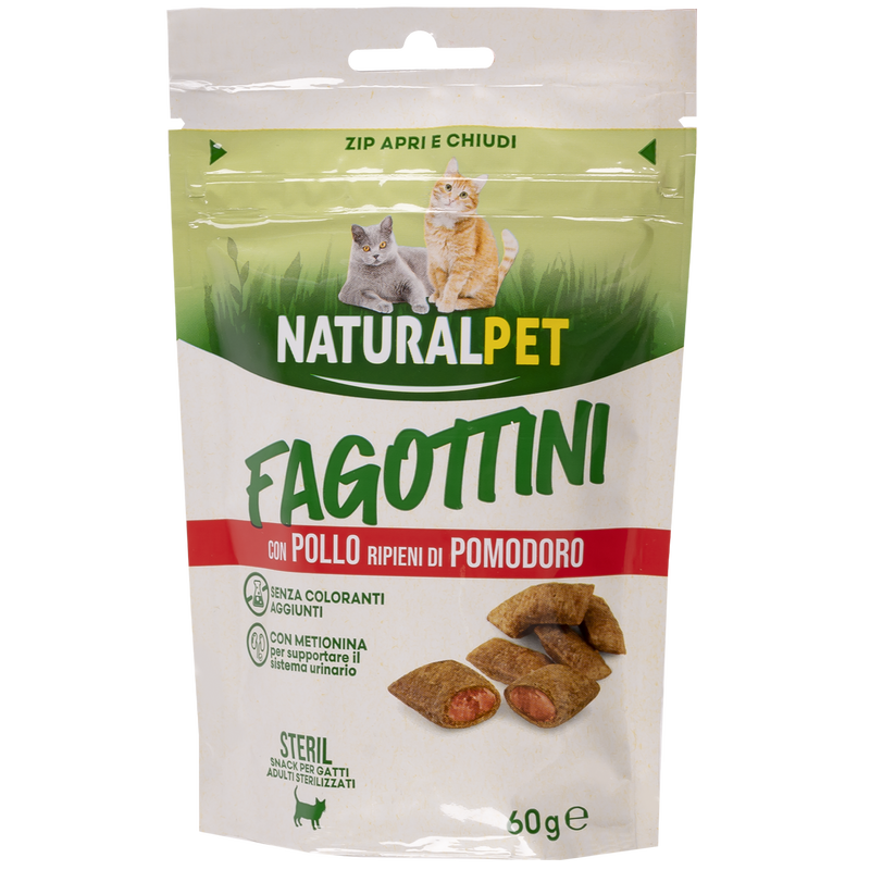 Naturalpet Cat Adult Sterilized Snacks Fagottini con Pollo ripieni di pomodoro 60 gr
