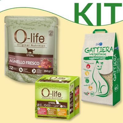 Product Kit O-Life Cat cibo secco + umido + Petup gattiera ecologica 10 l