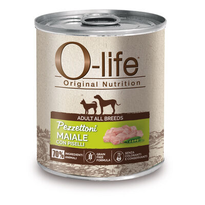 O-life Dog Adult All breeds Pezzettoni maiale con piselli 400gr