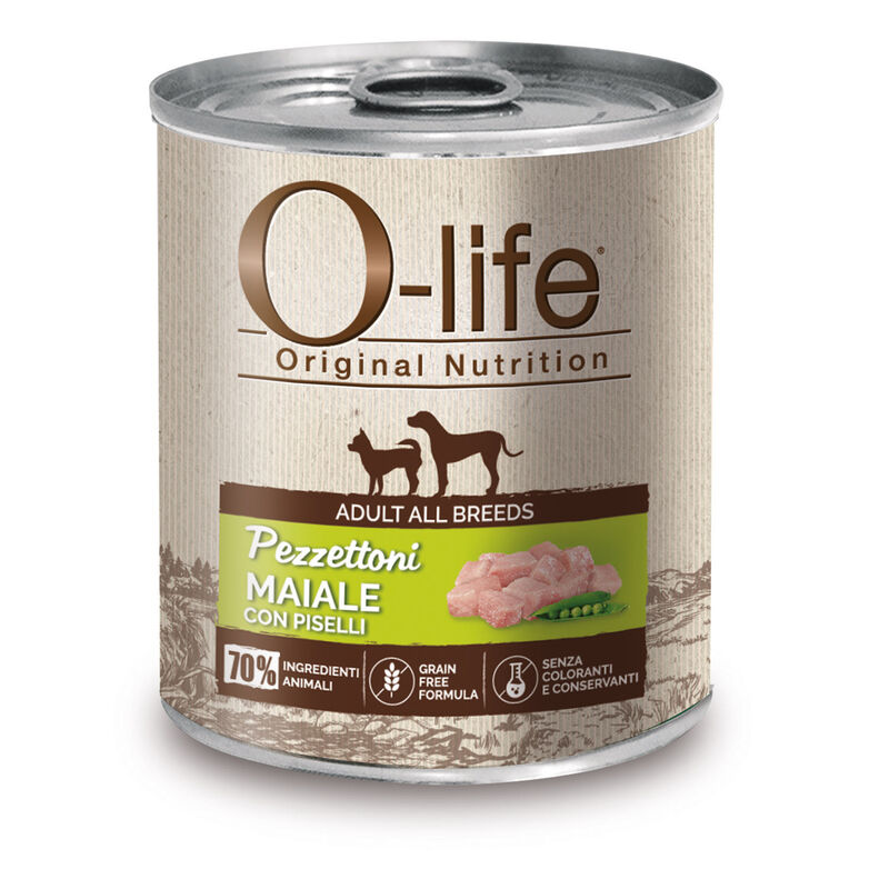 O-life Dog Adult All breeds Pezzettoni maiale con piselli 400gr
