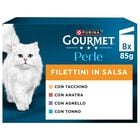 Gourmet Perle Cat Adult Filettini in Salsa Tacchino Tonno Anatra e Agnello 8 x 85 gr