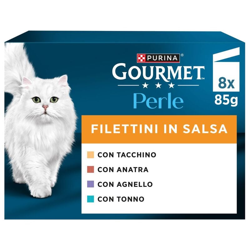Gourmet Perle Cat Adult Filettini in Salsa Tacchino Tonno Anatra e Agnello 8 x 85 gr