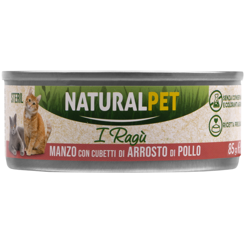 Naturalpet Cat Sterilised I rag&ugrave; Manzo con cubetti di arrosto di pollo 85gr