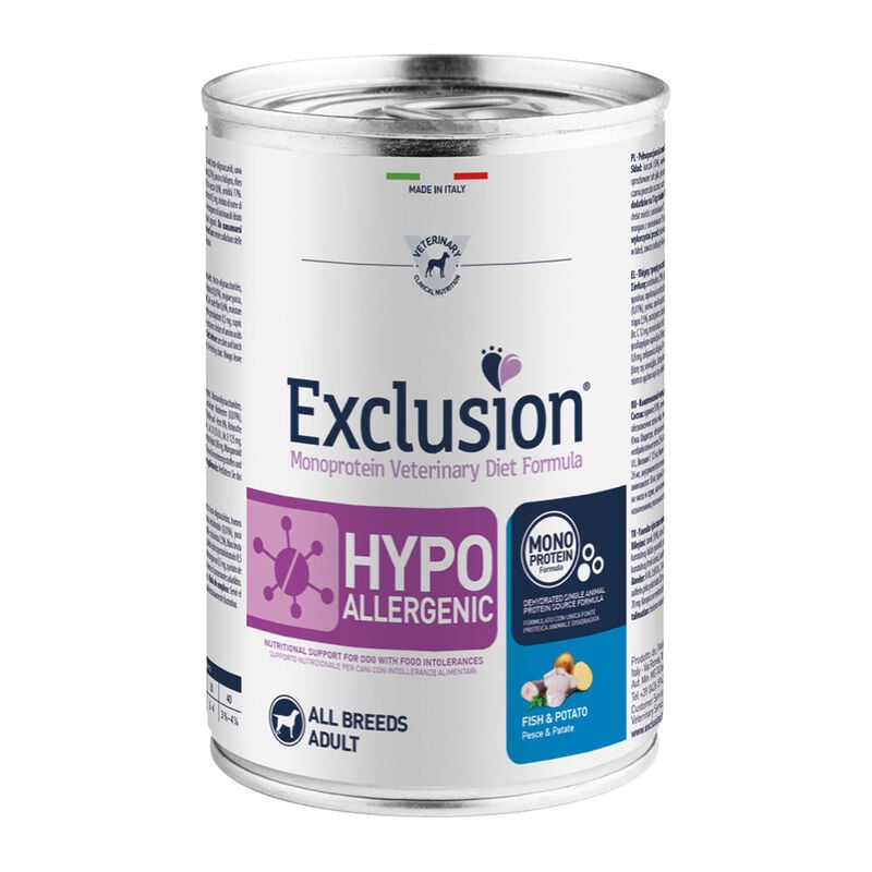 Exclusion Monoprotein Veterinary Diet Dog Hypoallergenic Pesce e Patate 400 gr