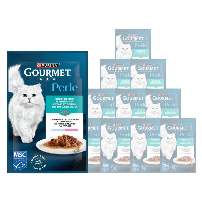 Gourmet Perle Cat Adult con Pesce dell'Oceano e Gamberetti 85 gr