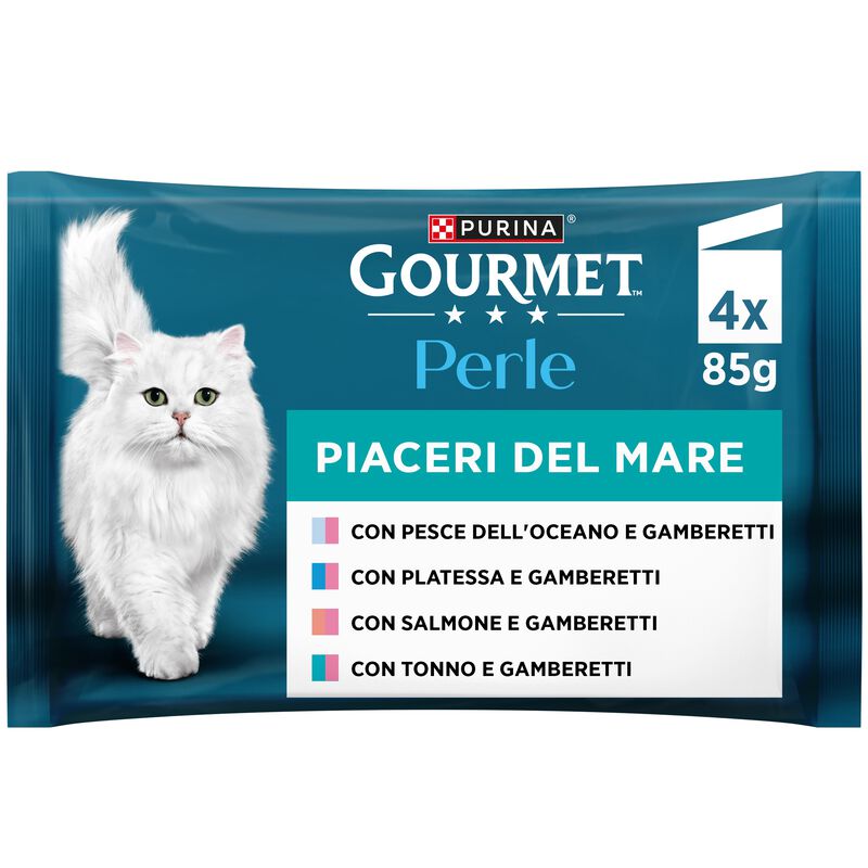 Gourmet Perle Cat Piaceri del mare con Salmone, Platessa, Tonno e Pesce dell'Oceano 4pzx85gr
