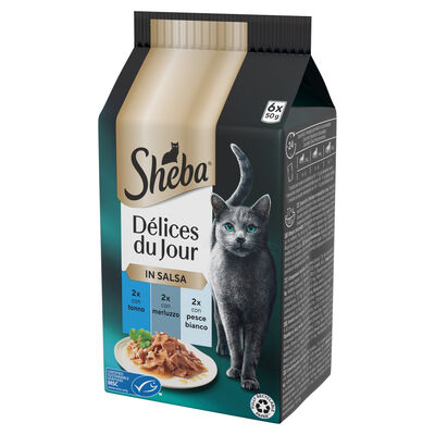 Sheba Cat Delice du Jour Tonno con Merluzzo e Pesce Bianco in Salsa 6 pz x 50 gr