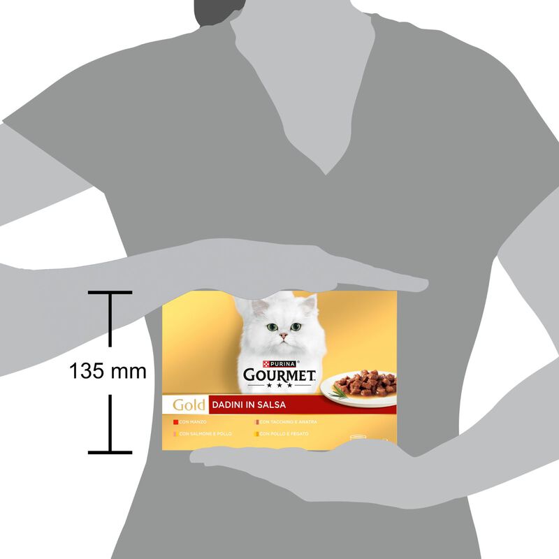 Gourmet Gold Cat Adult Dadini in Salsa con Manzo, Salmone e Pollo, Tacchino e Anatra, Pollo e Fegato 12x85 gr