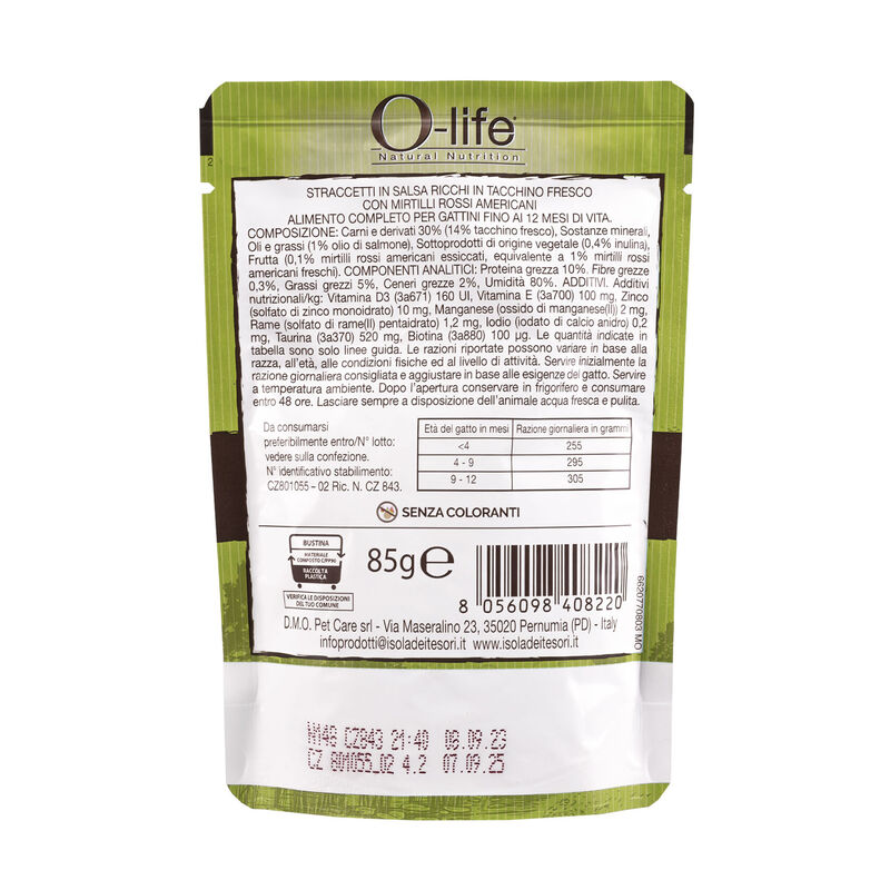 O-life Kitten Straccetti in salsa ricchi in Tacchino fresco e mirtilli rossi americani 85 gr