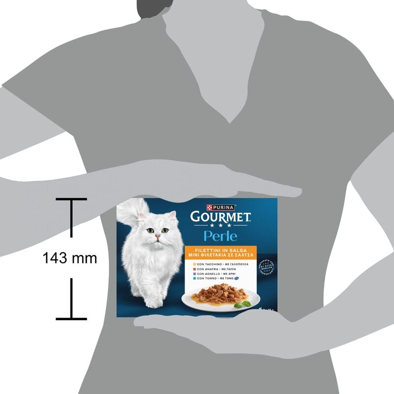 Gourmet Perle Cat Adult Filettini in Salsa Tacchino Tonno Anatra e Agnello 8 x 85 gr