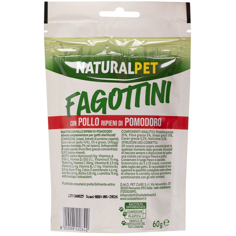Naturalpet Cat Adult Sterilized Snacks Fagottini con Pollo ripieni di pomodoro 60 gr