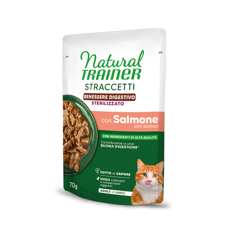 Natural Trainer Straccetti con Salmone Benessere Digestivo per Gatti Steril 70gr