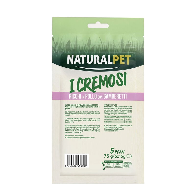 Naturalpet Cat Snack I Cremosi ricchi in Pollo con Gamberetti 5x15gr