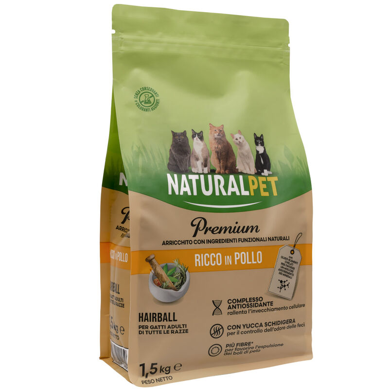 Naturalpet Premium Cat Adult Hairball ricco in Pollo 1,5 kg 
