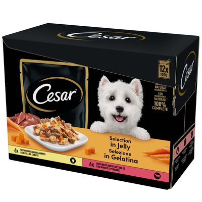 Cesar Dog Delizie del Giorno Pollo e Carote e Manzo e Verdure in Gelatina 12 x 100 gr