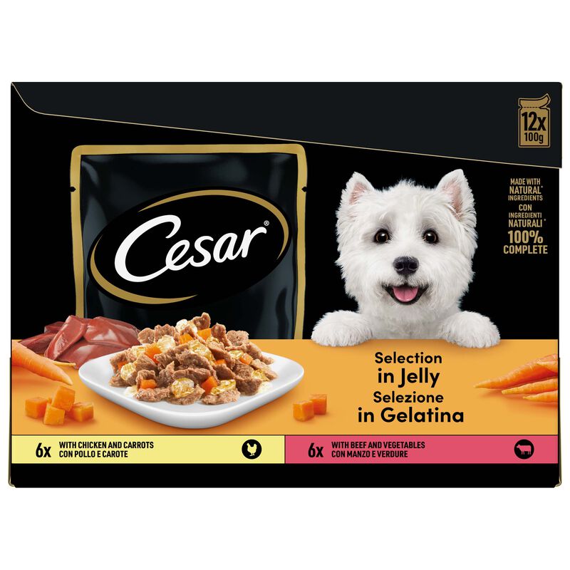Cesar Dog Delizie del Giorno Pollo e Carote e Manzo e Verdure in Gelatina 12 x 100 gr