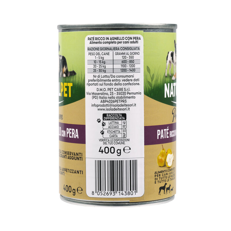 Naturalpet Premium Dog Adult Pat&eacute; ricco in Agnello con pera 400gr