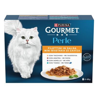 Gourmet Perle Cat Adult Filettini in Salsa Tacchino Tonno Anatra e Agnello 8 x 85 gr