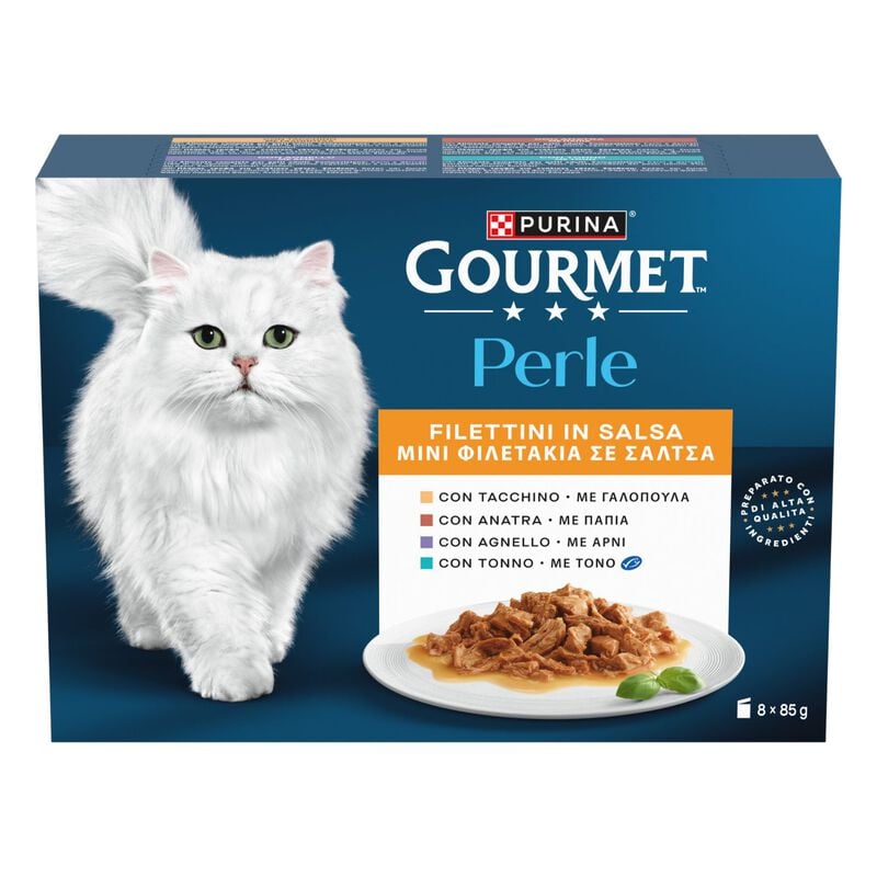 Gourmet Perle Cat Adult Filettini in Salsa Tacchino Tonno Anatra e Agnello 8 x 85 gr